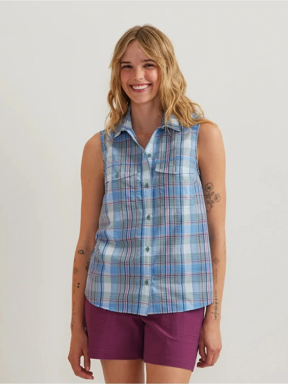 Eddie Bauer Women's Mountain Sleeveless Shirt Ocean Plaid Size XL Tall - Picture 9 of 12
